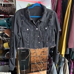 SHEIN Black Distressed Cropped Denim Jacket